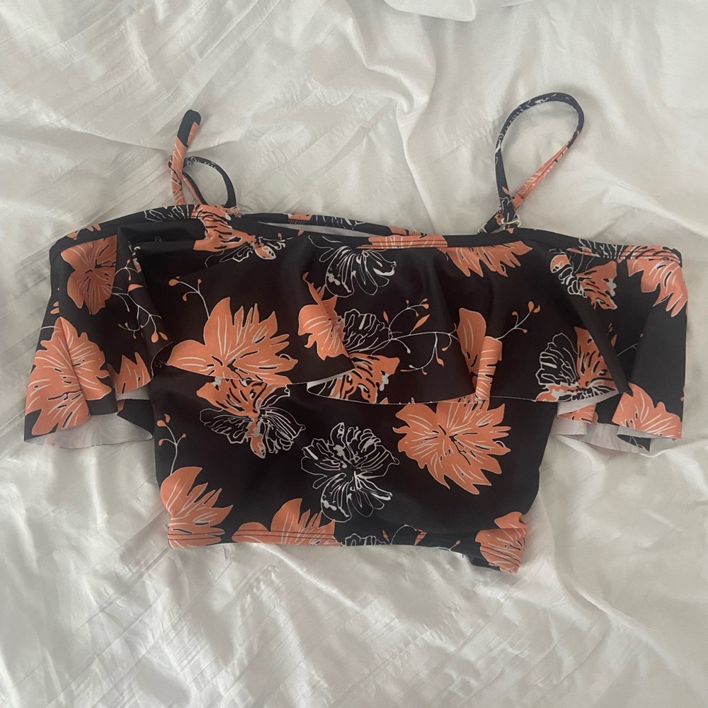Floral Off-Shoulder Swimsuit Top - Black and Orange